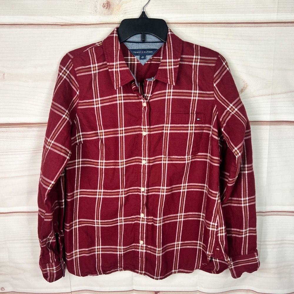 Tommy Hilfiger Top‎ Womens Medium Red Plaid Check Shirt Cotton Button Up Collar